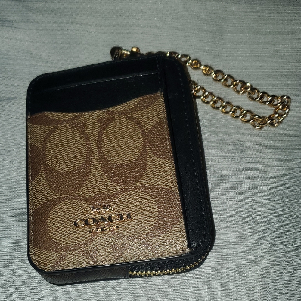 Coach Brown Signature Canvas Card Holder with Black Trim and Gold Chain